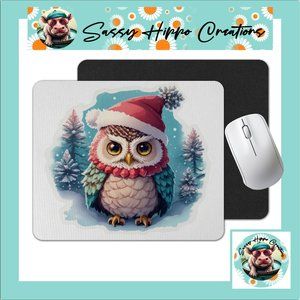 Mouse Pad Cute Owl in Hat Christmas Holidays Sublimate Anti Slip Back Easy Clean